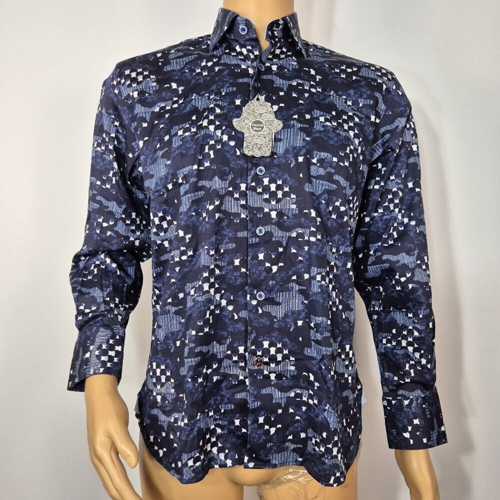 Visconti Black Button Up Flip Cuff Long Sleeve Shirt Men's Size S Navy Blue 4